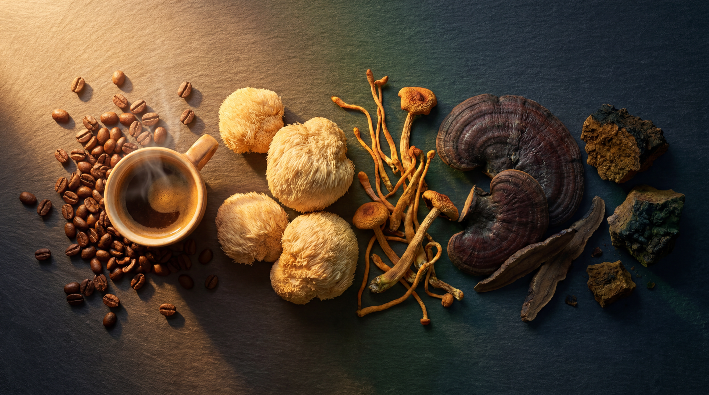 Löwenmähne, Reishi, Cordyceps und Chaga — die vier Vitalpilze in Brewz.